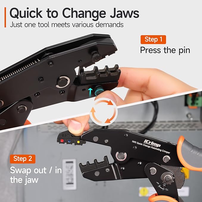 iCrimp Ratcheting Crimping Tool Set 8 PCS - Quick Exchange Jaw for Heat Shrink, Open Barrel, Insulated and Non-Insulated Ferrules AWG 20-2