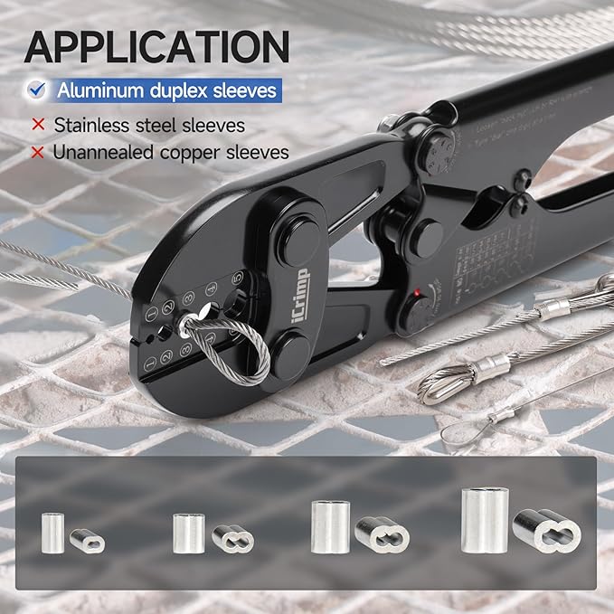 iCrimp 1608B Wire Rope Crimping Tool, 5 Die Slots 1/16" to 3/16", Heavy Duty Hardened Steel Swaging Tool for Aluminum Oval, Stop, Loop & Crimp Ferrules