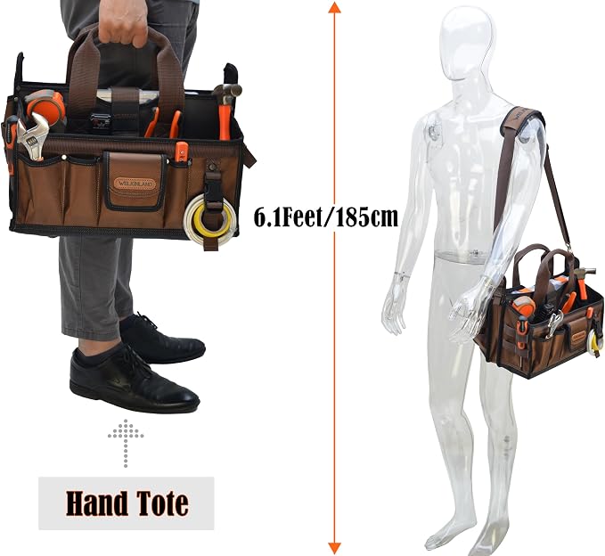 WELKINLAND 20-Pockets Tool Tote Bag, 16" Electrician Tool Bag, Open-Top Tool Bag, Stay-Up HVAC Tools Bag, Brown Tech Tools Bags, HVAC Bag, Tool Tote Bag With Handle