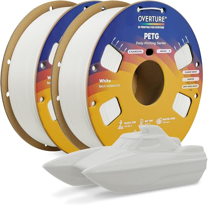 OVERTURE PETG Filament 1.75mm Bundle 2kg, High Speed 3D Printer Filament, Neatly Wound & Clog-Free, 2 Pack 1kg(2.2lbs), Accuracy +/- 0.02mm, Fit Most FDM Printers (White (2-Pack))