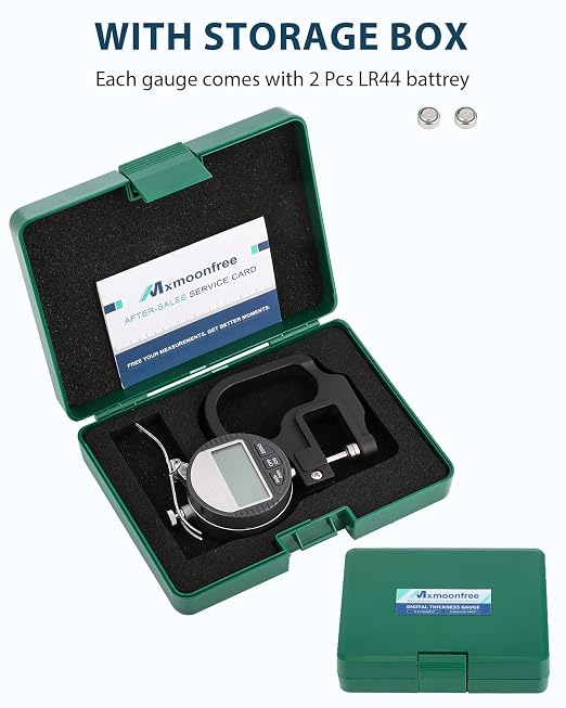 Digital Thickness Gauge 0-12.7mm/0.5inch 0.001mm High Resolution | Micrometer flat contact plates, 28mm throat depth, constant spring tension, unit conversion, storage case, battery included