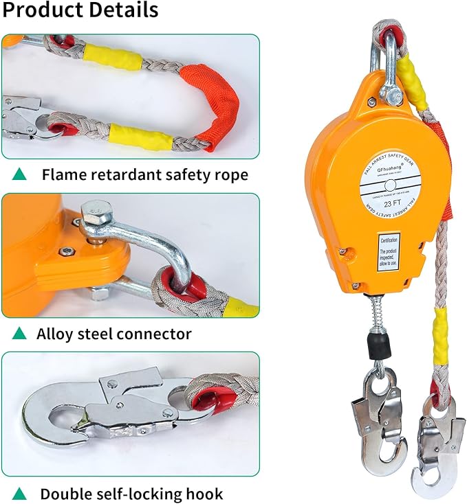23FT Self Retracting Lifeline, Adjustable Retractable Lifeline Fall Protection Rope, Heavy Duty Retractable Lanyard, Roofing Lifelines, Industrial Fall Arrest Retractor