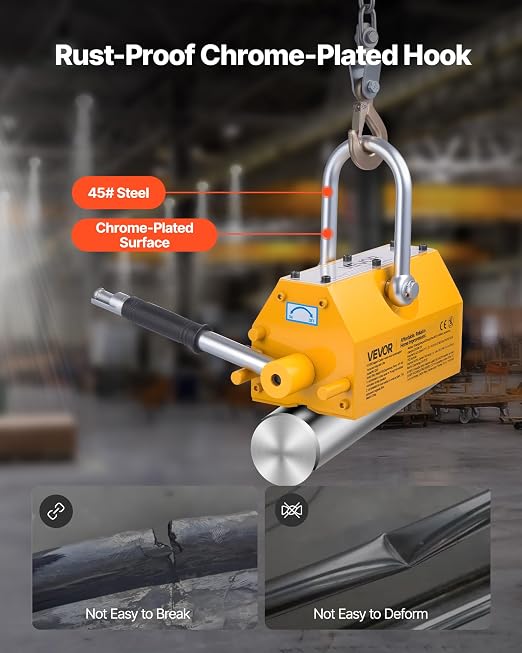VEVOR Permanent Magnetic Lifter, 2200 lbs Pulling Capacity, Heavy Duty N42 Neodymium Lifting Magnet with Release Handle and Steel Hook, Used in Shop Crane and Hoist, for Lifting Plate Steel, Board