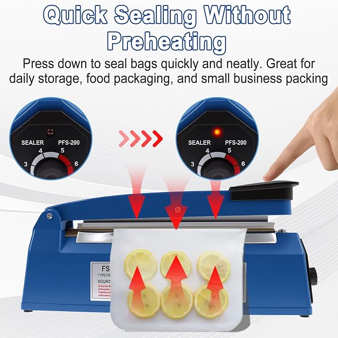 8 Inch Impulse Sealer, Manual Heat Sealer Machine for Mylar Bags, Shrink Wrap Bag Sealers Sealing Machine for Plastic PE PP Bags with 3 Free Replacements Kit Element Grip, Blue
