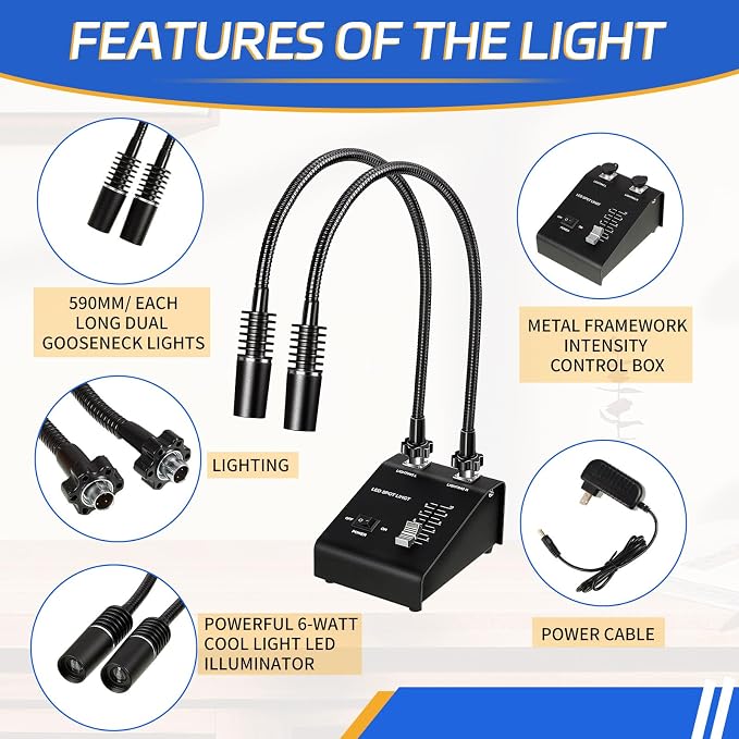 Baquler Microscope Light 6W 6500K Dual Gooseneck Spotlight Changeable LED Bulb Adjustable Illuminator Source for Industrial Biological Digital Stereo Microscope Camera, PCB Repair, Soldering