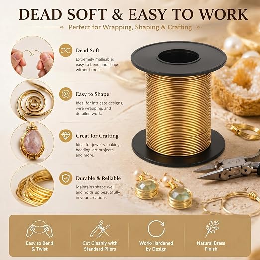 Therwen 50ft 18 Gauge Brass Wire for Gardening, Electroculture, Bonsai, Jewelry Making Beading DIY Craft Pure Bare Brass Wire Spool