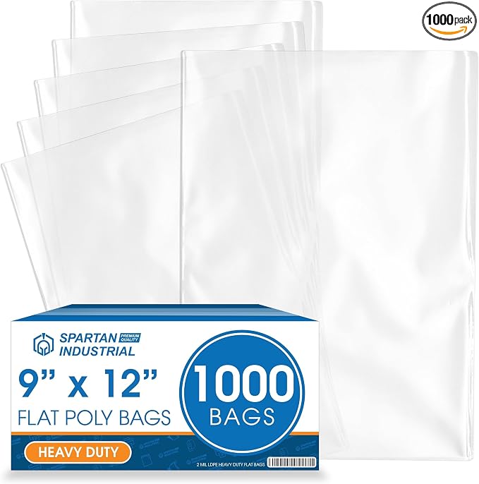 9" X 12" Open-End Flat Poly Bags (1000 Count) - 2 Mil Clear Plastic Bags for Packaging and Storage - No Adhesive Strip - Spartan Industrial
