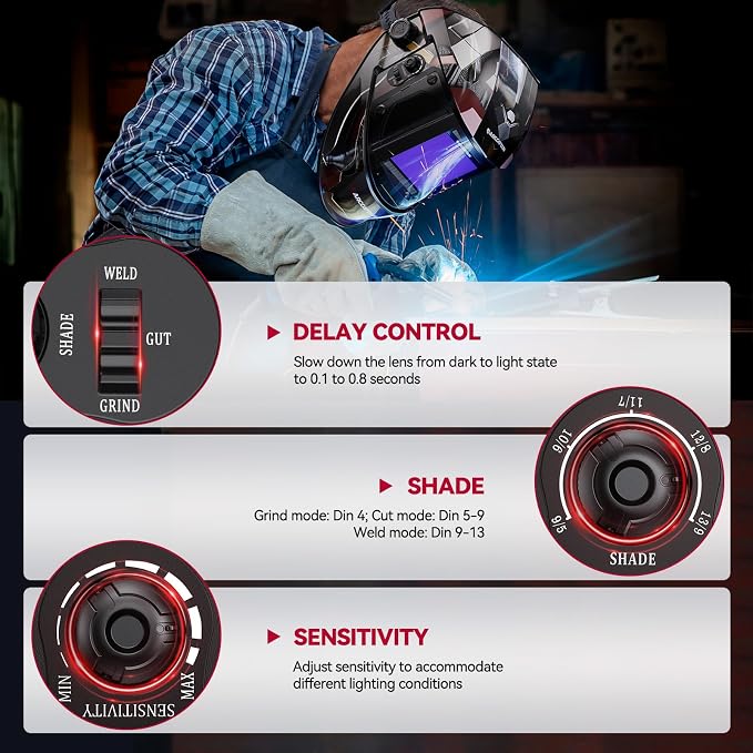 ARCCAPTAIN Large Viewing Screen 3.93"X3.66" Welding Helmet, True Color 1/1/1/1 Solar Power Auto Darkening Welding Hood with 4 Arc Sensor, Wide Shade 4/5-9/9-13 for TIG MIG ARC, Armour