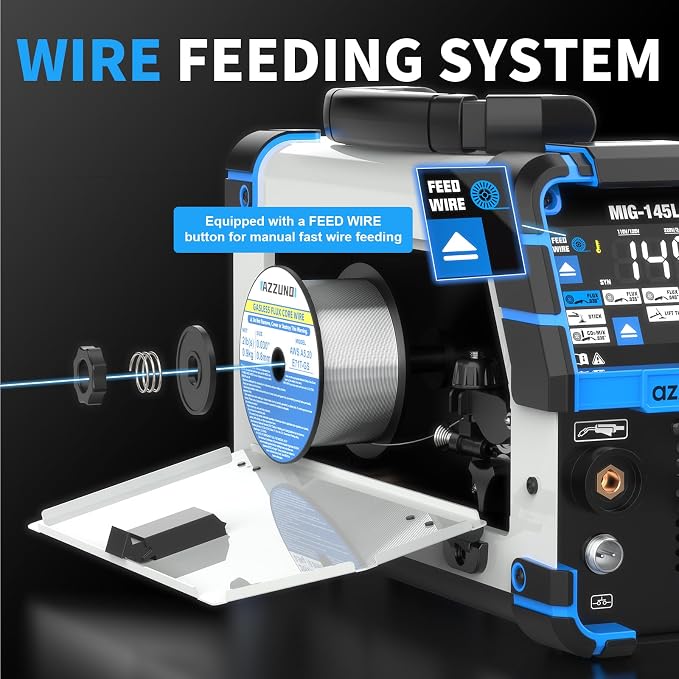 AZZUNO 4 in 1 MIG Welder 110V/220V, 145Amp MIG Welding Machine with Gas/Gasless Flux Core MIG/Lift TIG/Stick Welding, Wire Feed Welder with Synergic Control
