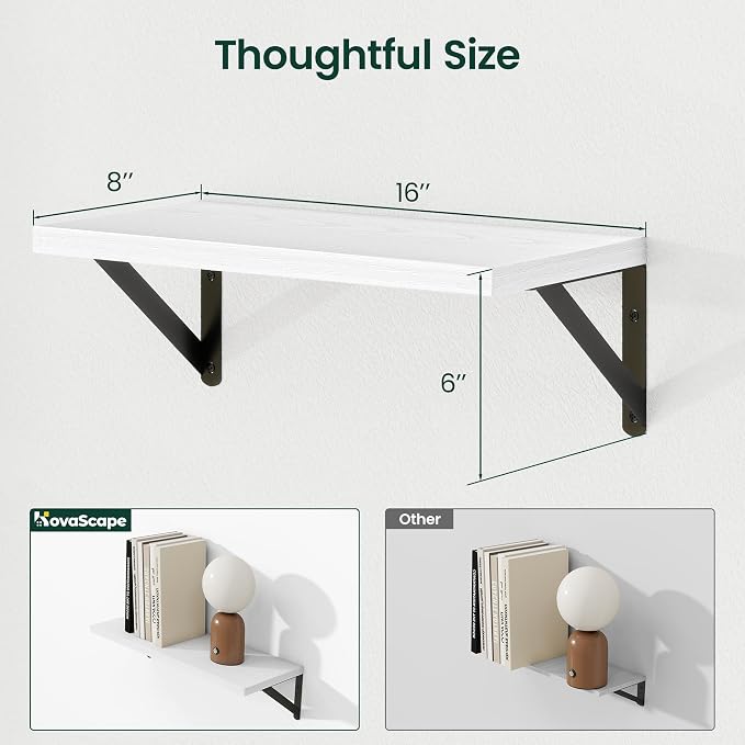 Floating Shelves 8 Inch Deep, 16W x 8D Wall Shelf Set of 2, 35 lbs Heavy Duty Reversible Metal Brackets, Industrial Book Shelf for Living Room Kitchen Bathroom Bedroom Gallery Wall, White