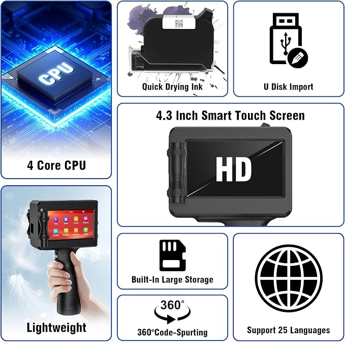 Handheld Inkjet Printer Printing Height 0.08-0.5Inch Handheld Printer Gun for Batch Code Date Time Lot Number Print on Many Materials, Inkjet Coder with 42ml Black Fast Dry Ink Cartridge