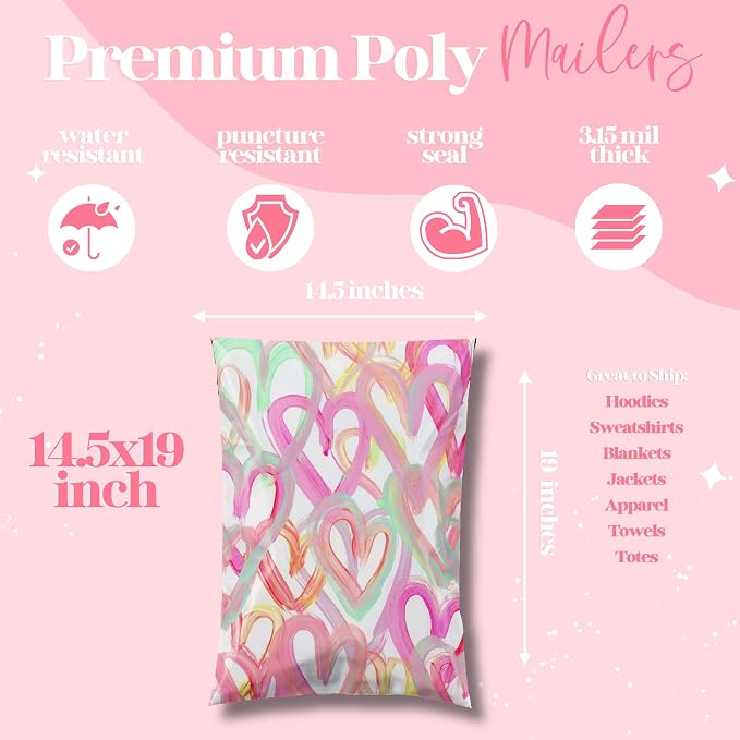 Pretty Package Store Poly Mailer 14.5x19, Happy Hearts, 100 Pack | Heavy Duty, Waterproof, Self Seal, Tear Resistant, Shipping Bags for Small Business Packaging, Bulk Mailing Envelopes