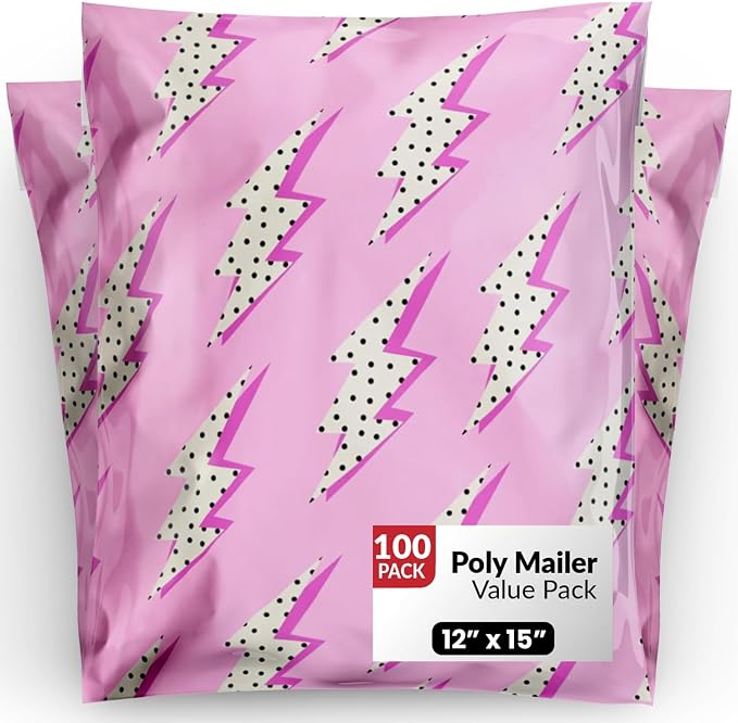 Package Mint 12x15 Poly Mailers -100 Pack Lightning Bolt Design Poly Mailer Shipping Bags - Waterproof, Tear-Resistant, Self-Sealing Adhesive - Durable Decorative Mailing Bags for Clothes, Accessories