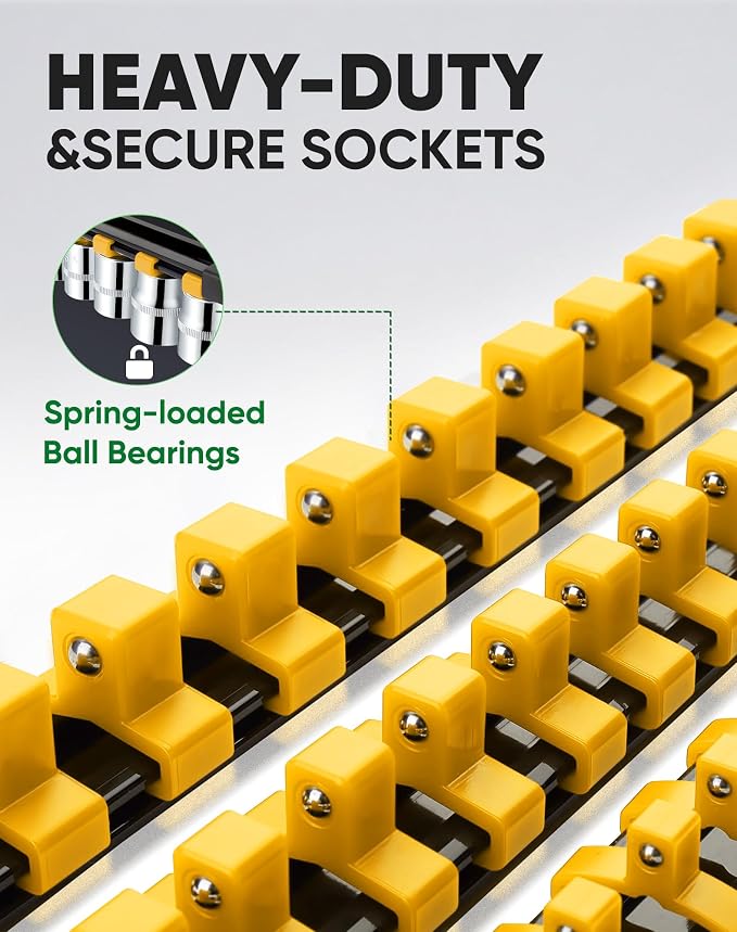 ALOANES 9PC Socket Organizer, Socket Rails Fit 1/2", 1/4" and 3/8" Drive | Heavy Duty ABS Socket Holders Hold up 129 Sockets for Toolbox Drawer Bags(Yellow)