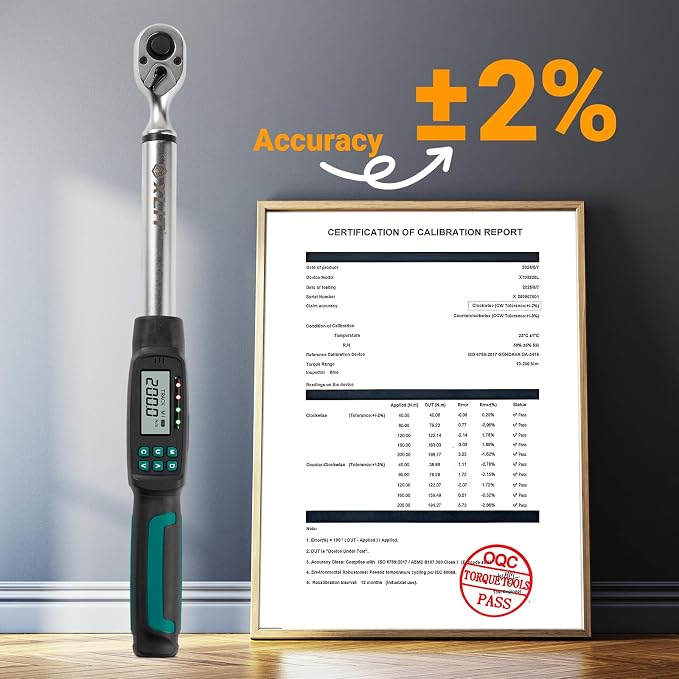 1/2" Digital Torque Wrench 4.4-147.5 ft-lb/6-200 Nm, ±2% Accuracy, LED & Buzzer Alerts, 4 Units, Industrial CR-V Steel, Calibration Report & Protective Case for Car, Motorcycle, Bike Repair