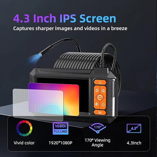 Daxiongmao Borescope Camera, 1080P HD IP67 Waterproof Endoscope with LED Light, 4.3" IPS Screen Flexible Snake Camera for Automotive Engine, Pipe, Wall & Vent InspectionI