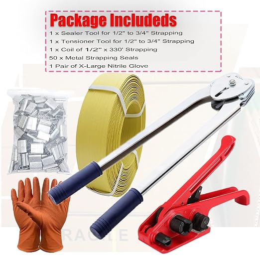 Packaging Banding Strapping Kit Tensioner Tool Sealer, Pallet Strapping Kit, 1/2" Wide x 4000" Length Poly Strapping Kit, Banding Tools for Packing Strapping