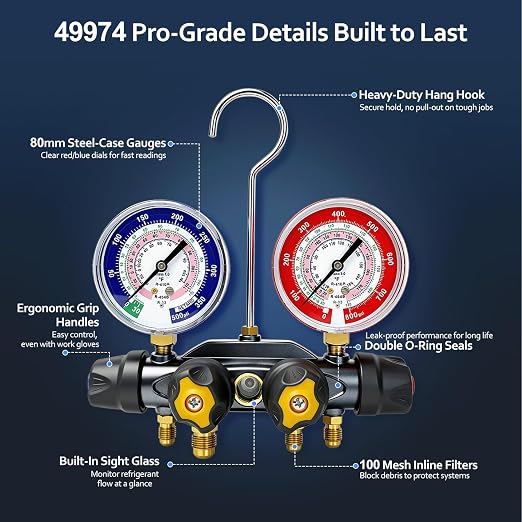 49974 A2L 4-Valve Test and Charging Manifold, 3-1/8" (80mm) | Refrigerant Manifold Gauges, Compatible with R-32/R454B/R410A, HVAC Manifold Gauge, Hoses Not Included