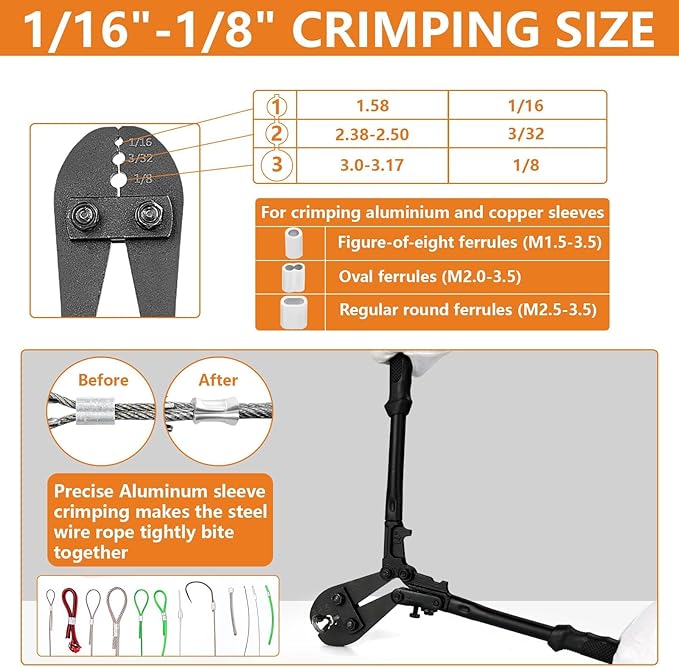TooTaci Wire Rope Crimping Tool Kit, Include 14 inch Swaging Tool and Wire Rope Cutter, Cable Crimper for 1/16" to 1/8" Crimping Loop Sleeves