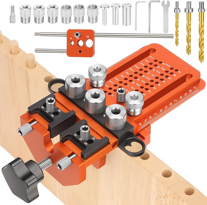 Adjustable Dowel Jig Kit, Drill Guide with Quick Positive Stop & Clamp – Fits 1/4, 3/8, 1/2 Inch Dowel Holes, Dowel Jig for Woodworking Fit All Kinds Wood Dowel Joints, for Cabinet, Furniture