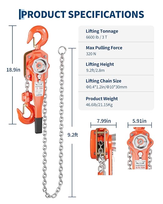 3 Ton (6600 LBS) Manual Lever Chain Hoist, 10 ft Heavy Duty G80 Galvanized Steel Come Along with Double-Pawl Brake & 360° Rotating Hooks for Garage Warehouse Construction Factory