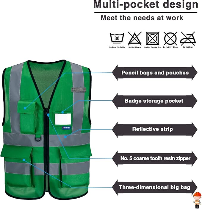 green safety vest for men | Green M Polyester work vest with clear PVC ID holder, mic tabs and high-visibility reflective strips for park maintenance.