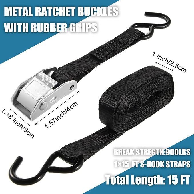 Riakrum 24 Pcs Cambuckle Tie Down Straps 1763lbs Break Strength Securing Straps 1'' x 15 ft Cambuckle Tie Downs with S Hook for Motorcycle, Kayak, Car, Truck, Boat Moving, Securing Cargo (Black)