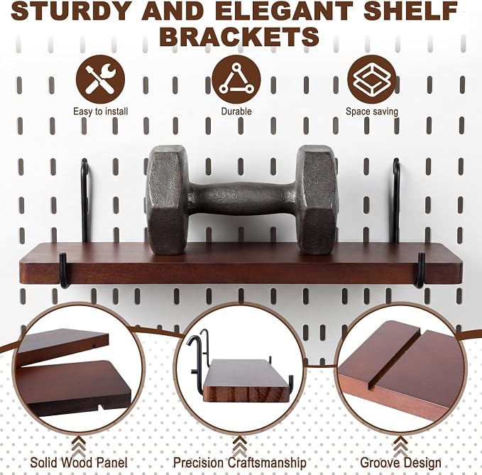 Novabright 4 Pcs Walnut Color Pegboard Shelves Set with Metal Brackets Hooks 11.8 x 4'' Wall Wooden Pegboard Shelving Heavy Duty Accessories for Crafts Office Garage, Compatible with IKEA Skadis