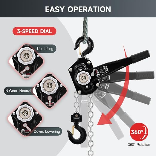 CREWORKS Lever Chain Hoist, 3 Ton 6600 lb Capacity 20 ft Manual Chain Hoist with G80 Galvanized Chain & Swivel Hooks, Heavy Duty Manual Lever Hoist for Construction Warehouse Automotive Factory
