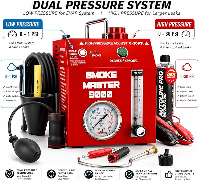 Automotive Evap Smoke Machine 2 in 1 : Dual-Mode Leak Detector 1 Evap (0.5 PSI) and 2 Turbo (1-30 PSI), Model 9000 Pro with Best Ranked Smoke Fluid and Premium Adapters