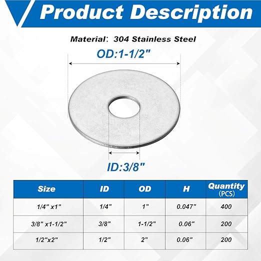 Hotop 200 Pieces Stainless Steel Fender Washers 18-8 Stainless Steel Flat Washer (3/8" X 1-1/2")
