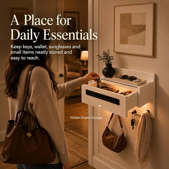 Floating Shelf with Drawer & Hooks, Entryway Organizer with Sensor Light | Italian Wood Veneer, Hidden Drawer, 4 Matte Black Hooks & Warm Sensor Light for Mail, Keys, Wallets, Coats & Daily Essentials