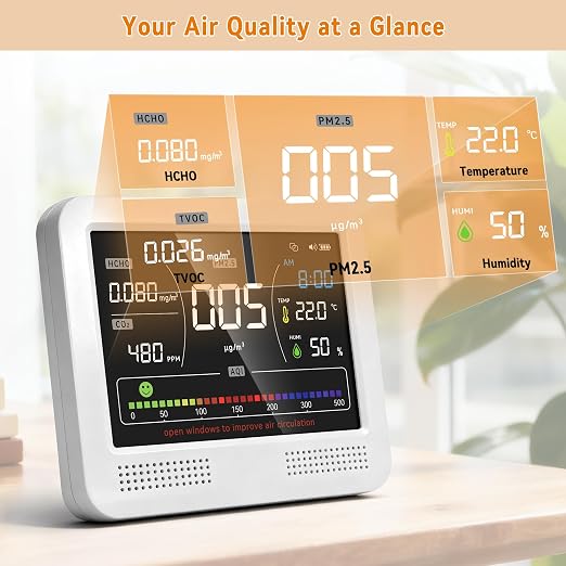 16-in-1 Air Quality Monitor 18Hr Battery 7" LCD CO2 PM2.5 TVOC AQI Alert