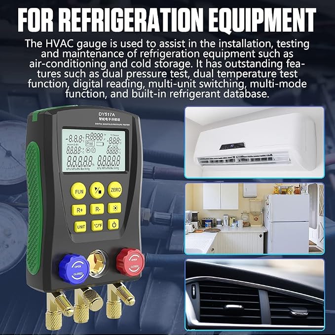 Digital Manifold HVAC Gauges Set with Pressure & Temp Test, Digital Refrigerant Gauges for R410A R22 R134A Built-in 89 Refrigerant Database, HVAC Gauges Set with Refrigerant Hoses,Temp Clips