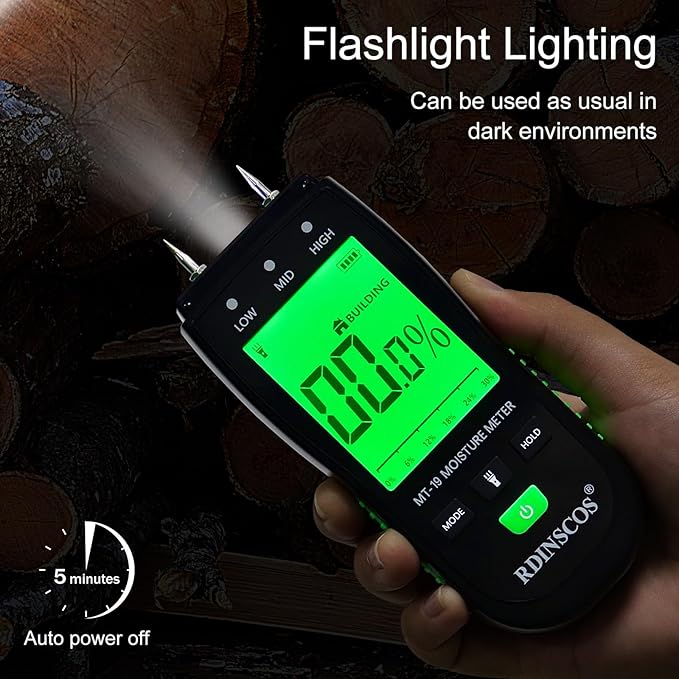 RDINSCOS Digital Wood Moisture Meter | Firewood and Lumber, Replaceable pins, Wall and Building, Humidity Tester,Built in Flashlight