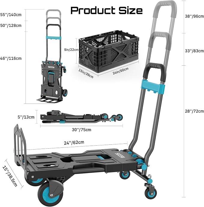 SEESII Foldable Dolly Cart with Folding Basket, 330 lbs Max Capacity Portable Hand Cart, 2-in-1 Heavy Duty Folding Hand Truck with Adjustable Retractable Handle for Moving, Delivery, Warehouse Use