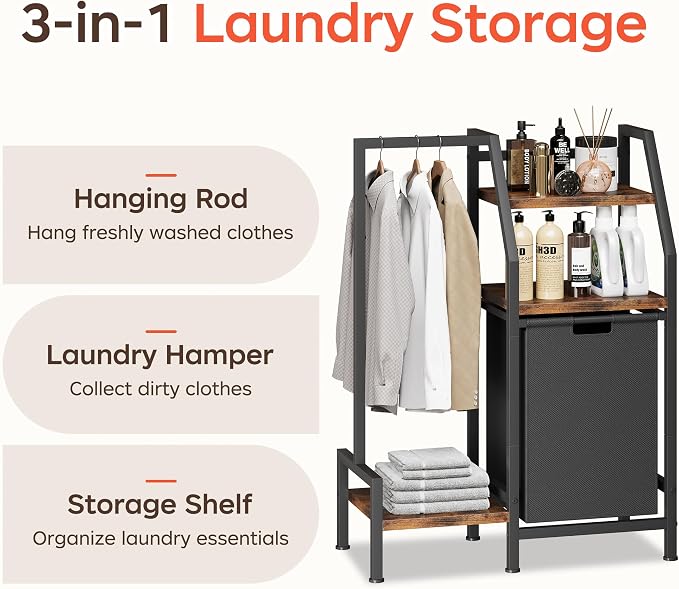 Laundry Hamper with Hanging Rack and 3 Shelves, Large Laundry Storage Basket, 3-in-1 Vertical Laundry Sorter, Laundry Room Organizer Storage for Small Spaces