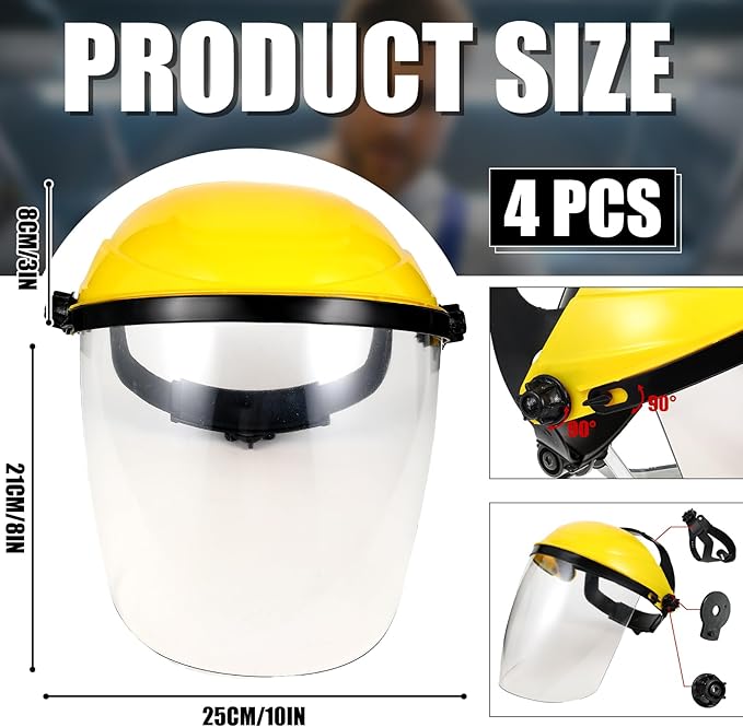 Tellegloww 4 Pack Safety Face Shield for Grinding and Cutting, Full Impact Resistant Face Shield Mask for Work Chemical Woodworking (Yellow)
