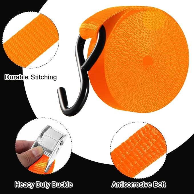 Riakrum 16 Pcs Cambuckle Tie Down Straps 1763lbs Break Strength Securing Straps 1'' x 15 ft Cambuckle Tie Downs with S Hook for Motorcycle, Kayak, Car, Truck, Boat Moving, Securing Cargo (Orange)
