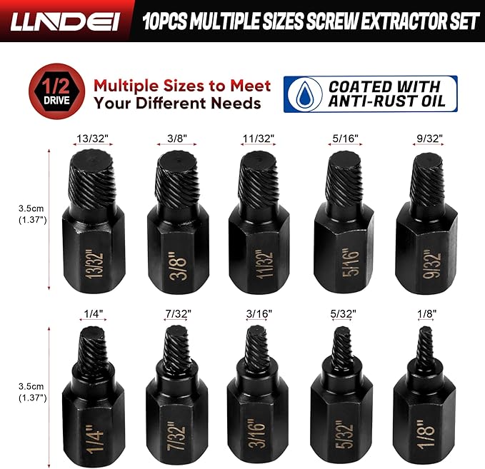 LLNDEI Screw Extractor Set, Hex Head Easy Out Set 10 Pieces, Multi-Spline Ez Out Stripped Extractor (1/8”-13/32”) CR-MO, Stripped Fastener Tool