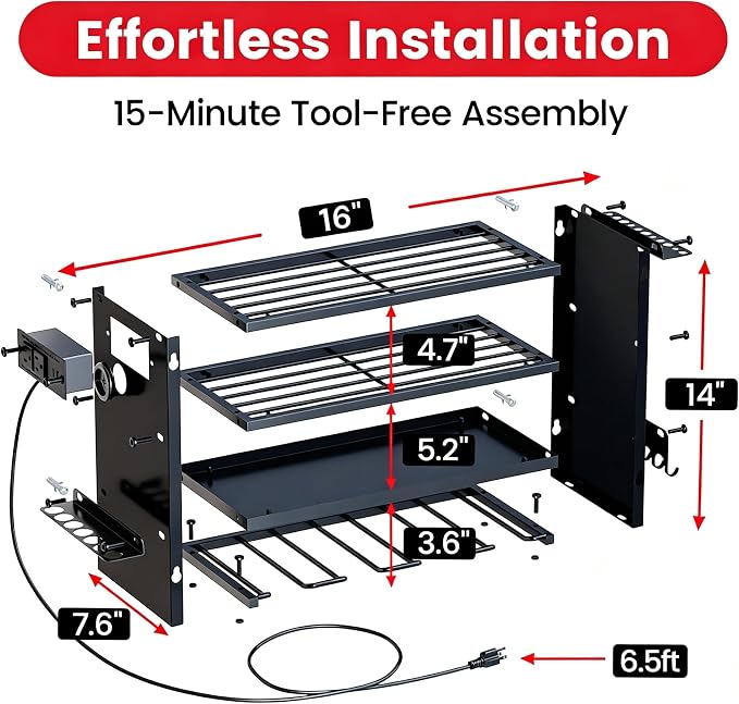 4-Tier Power Tool Organizer, Built-in 2-Outlet Charging Station for Small Garages,400lb Capacity 12mm Steel Drill Holder & Battery Storage for DIY Workshops (4 Slots with 2 Outlets Power Strip)