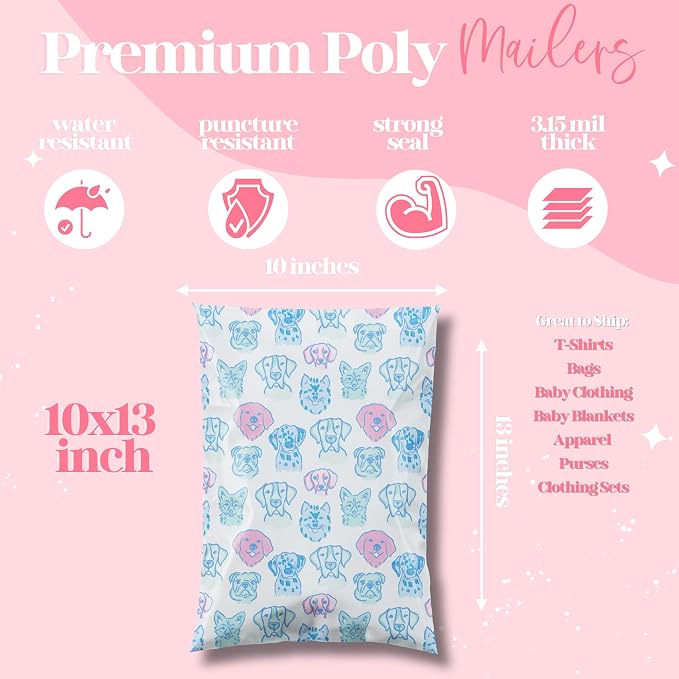 Pretty Package Store Poly Mailer 10x13, Pretty Pups Puppy Dogs, 100 Pack | Heavy Duty, Waterproof, Self Seal, Tear Resistant, Shipping Bags for Small Business Packaging, Bulk Mailing Envelopes