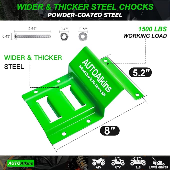 Wheel Chock Tie Down Kit, 4,400lb Break Strength — 4 Heavy Duty E-Track Tire Ratchet Straps & 8 Steel Wheel Chocks, Complete Trailer Tie Down System for ATV, UTV, Lawn Mower & SxS (Green)