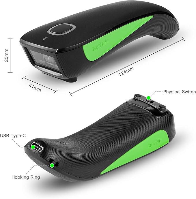 NETUM Mini Barcode Scanner Bluetooth Compatible, Small Portable USB Bar Code Scanner for Inventory, 2.4G Cordless Image Reader for Tablet iPhone iPad Android iOS PC POS (1D-C740-Green)