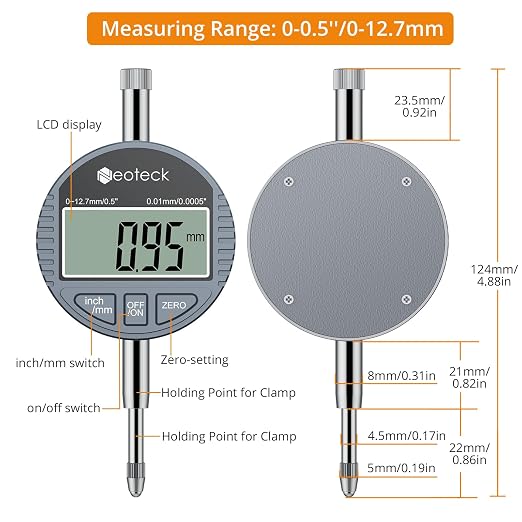 Neoteck DTI Digital Dial Indicator 0.01mm/0.0005 inch Digital Probe Indicator Dial Test Gauge Range 0-12.7mm/0.5 inch Dial Test Indicators Electronic Indicator Gauge