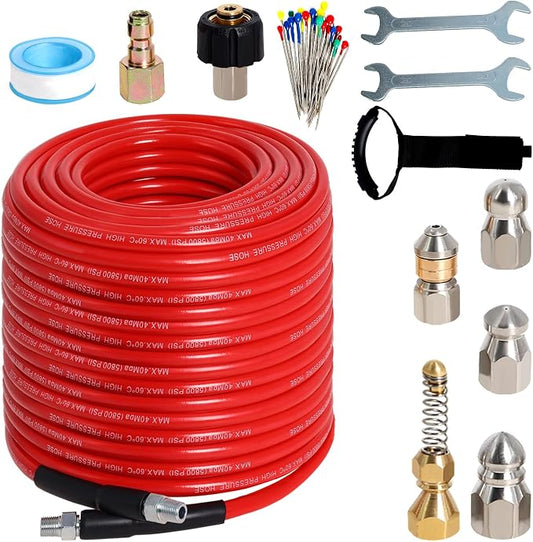 Sewer Jetter Kit for Pressure Washer 200FT, 5800PSI Drain Cleaner Hose 1/4 Inch NPT Corner with 5 Sewer Jetting Nozzles，Waterproof Tape，Pearl Corsage Pin & 2 Spanners (Red)