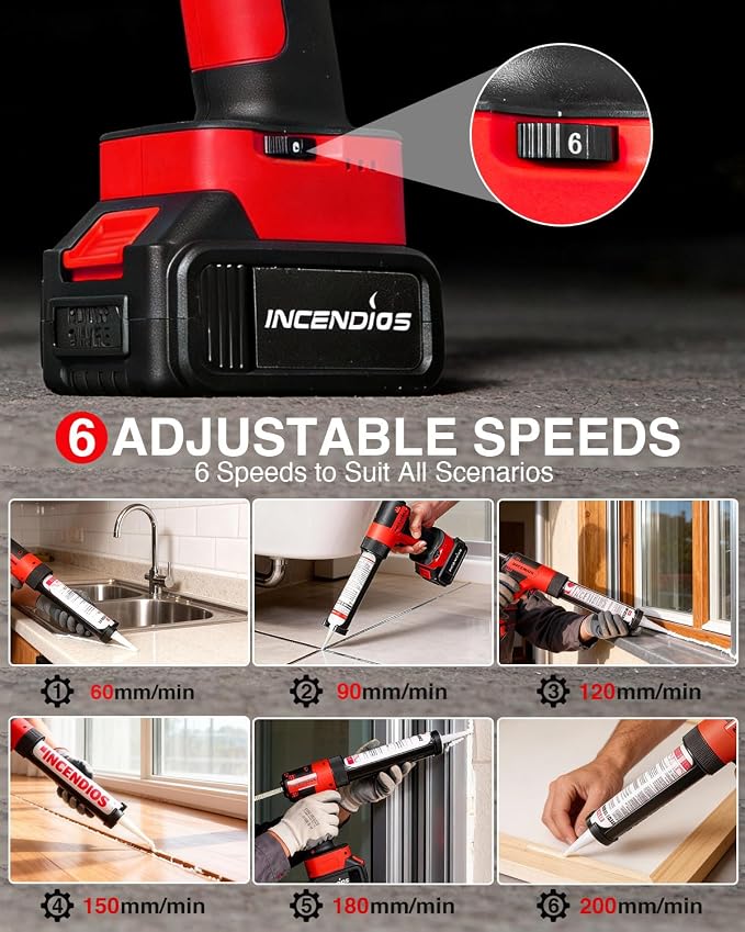 Cordless Caulking Gun w/2 x 3.0Ah Batteries, 800kg Thrust Max Electric Caulk Gun, 6-Speed, 10oz/300ml, 13Pcs Caulk Remover Tool, Led Light, Auto-Retract Anti-Drip for Sealing, Filling, Repairing