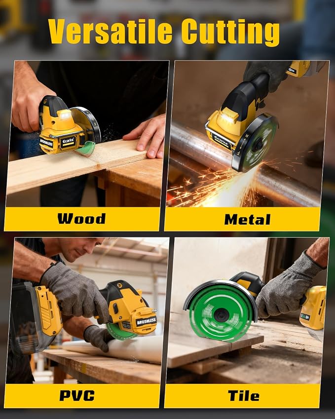 Ecarke Cordless Cut Off Tool Compatible with DeWalt 20V Battery, 4" Circular Saw Brushless Motor with Blades, 18,000 RPM Mini Cut Off Tool Kit for Wood/Metal/Plastic/Tile/Stone Cutting (Tool Only)