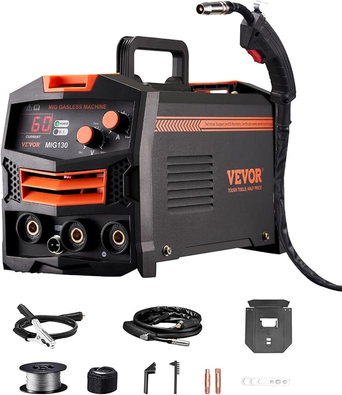VEVOR MIG Welder, 130Amp Synergic Mig Welding Machine, 110V Gasless Flux Core Welder Machine, Portable Mig Welder with IGBT Inverter Technology and Digital Display Screen