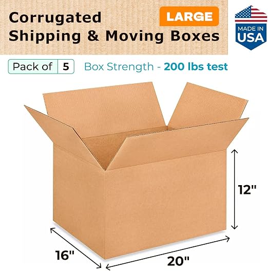 Large Shipping & Moving Boxes 20 x 16 x 12 inches (5-Pack) - Extra Strength 200 lb vs Regular - USA-Made Corrugated Packing Boxes for USPS/FEDEX - Heavy Duty Moving Box - Box Large by IDL Packaging